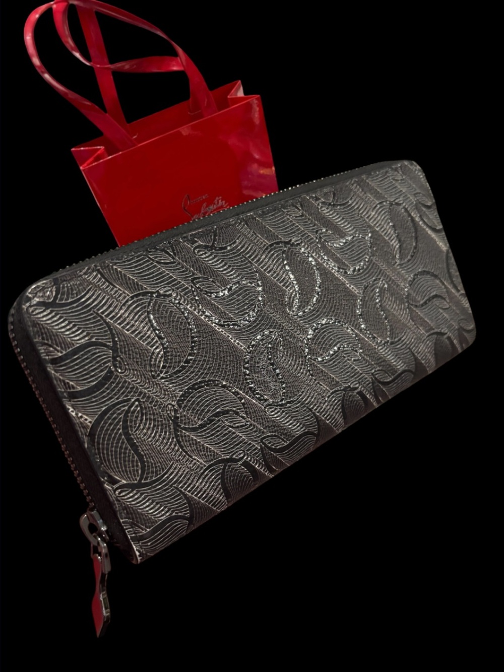 💜SOLD💜Christian Louboutin Embossed Black Leather Zip-Around Long Wallet - W/ Bag
